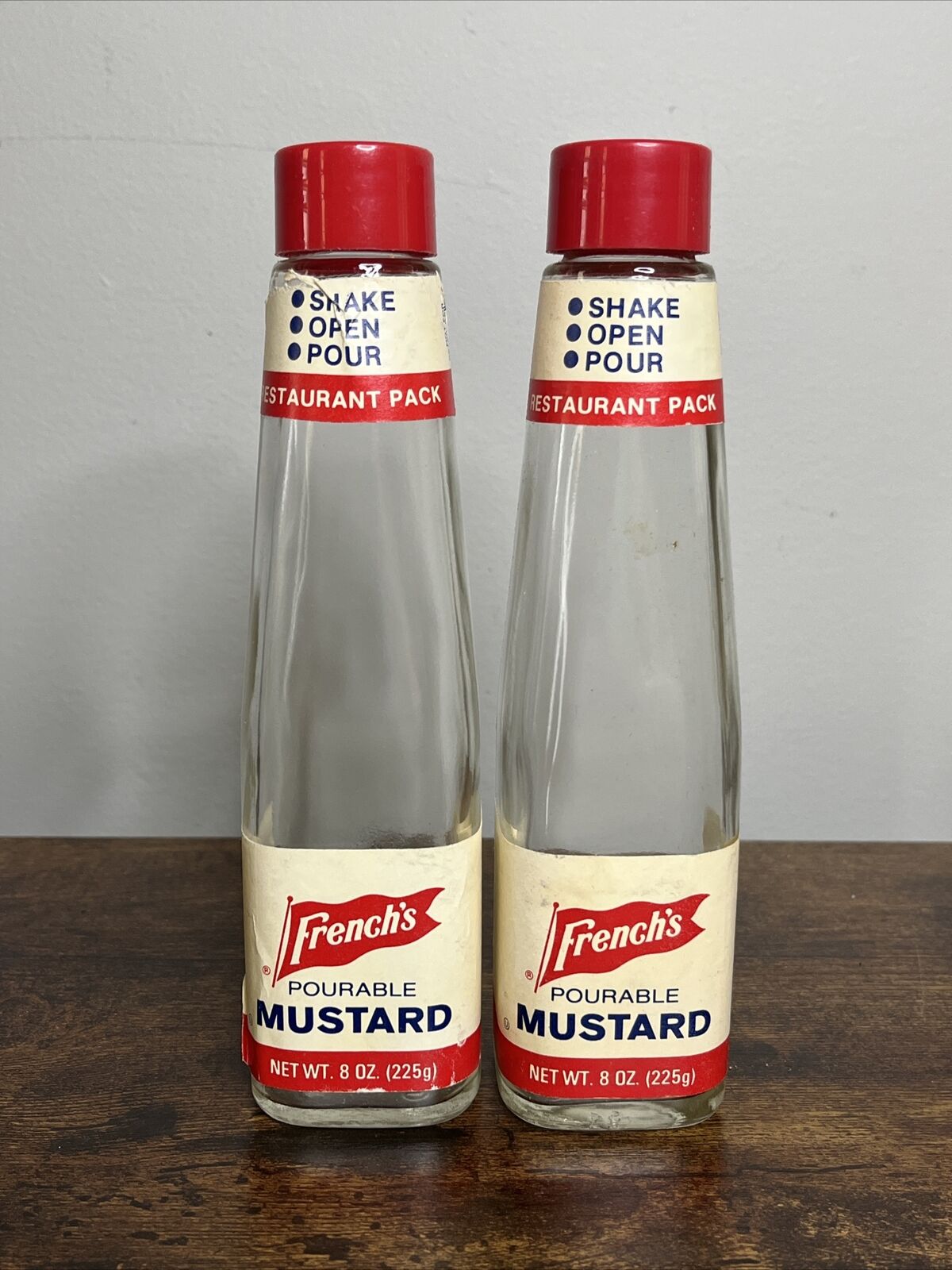 Vintage French’s Pourable Mustard Jars 8 oz Glass Bottle Paper Label Restaurant