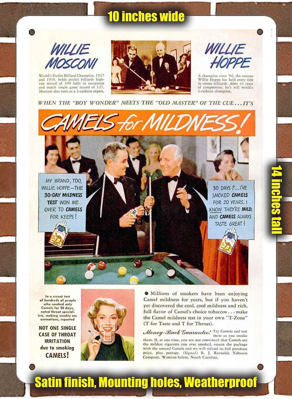 Metal Sign - 1949 Willie Mosconi for Camel Cigarettes- 10x14 inches