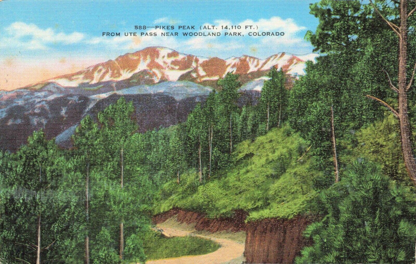 Postcard Pikes Peak from Ute Pass Near Woodland Park, Colorado Posted July 1940?