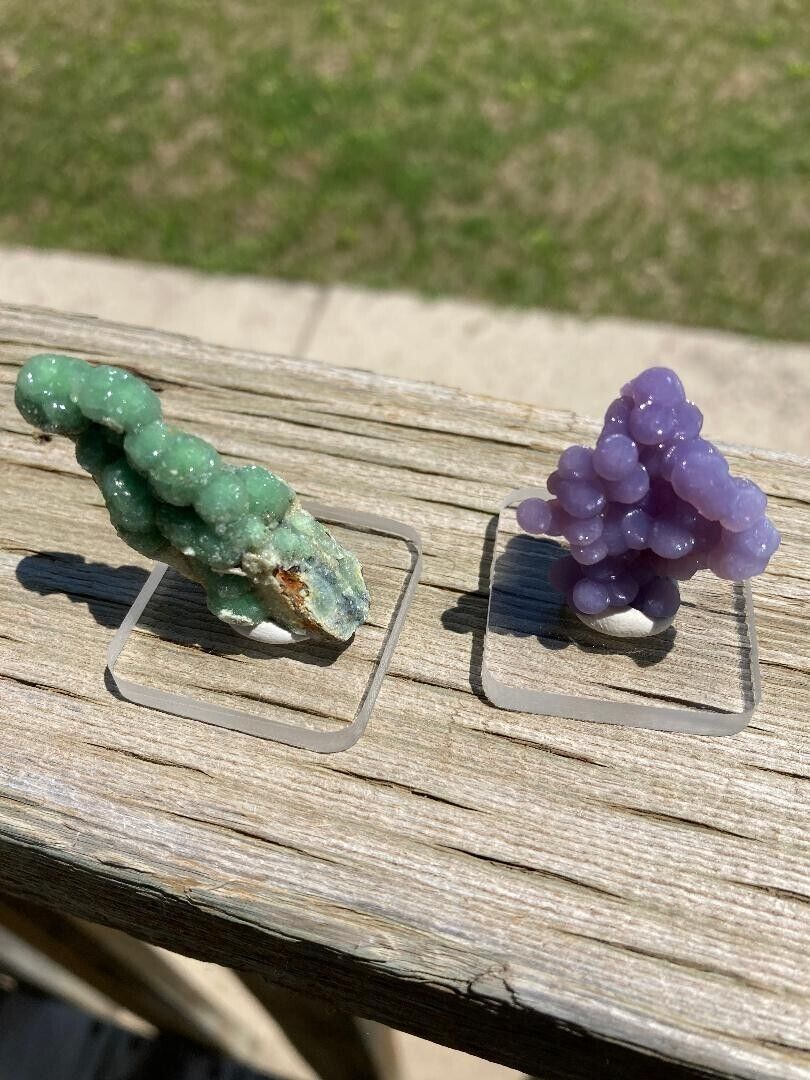 Wavellite Crystal and Grape Agate Chalcedony Specimen Duo