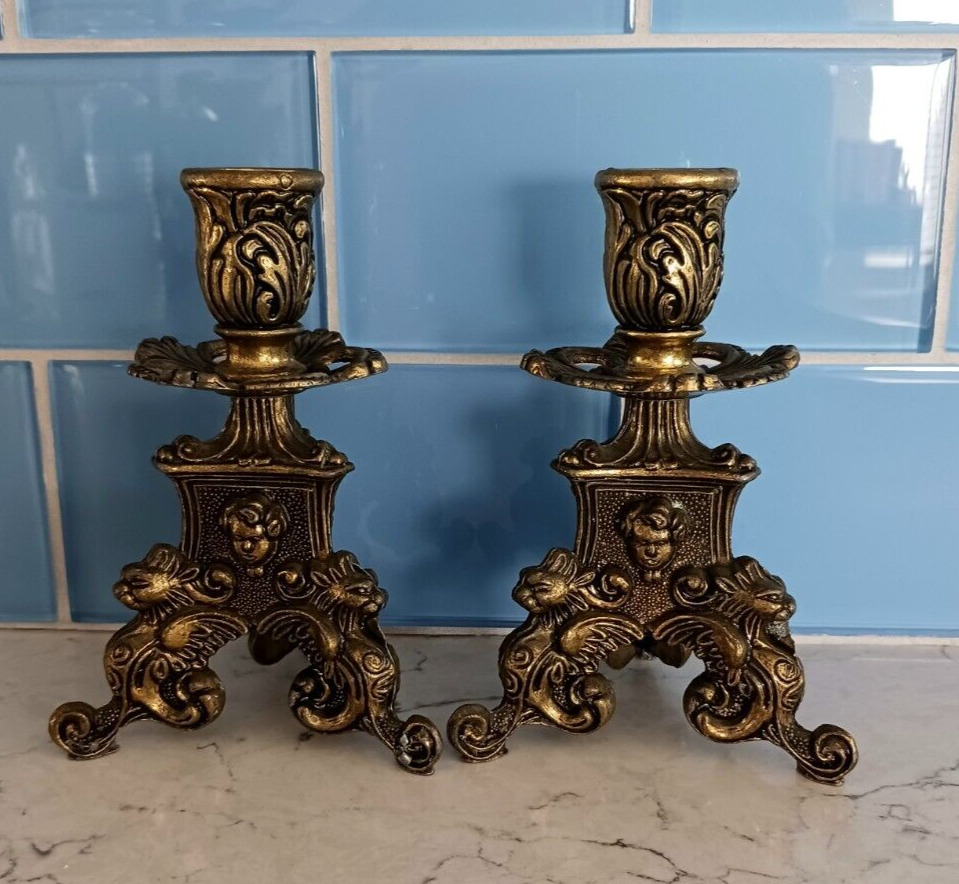 Ornate Brass Candle Holders Candlesticks Rococo Regency Style Set of 2 Vintage