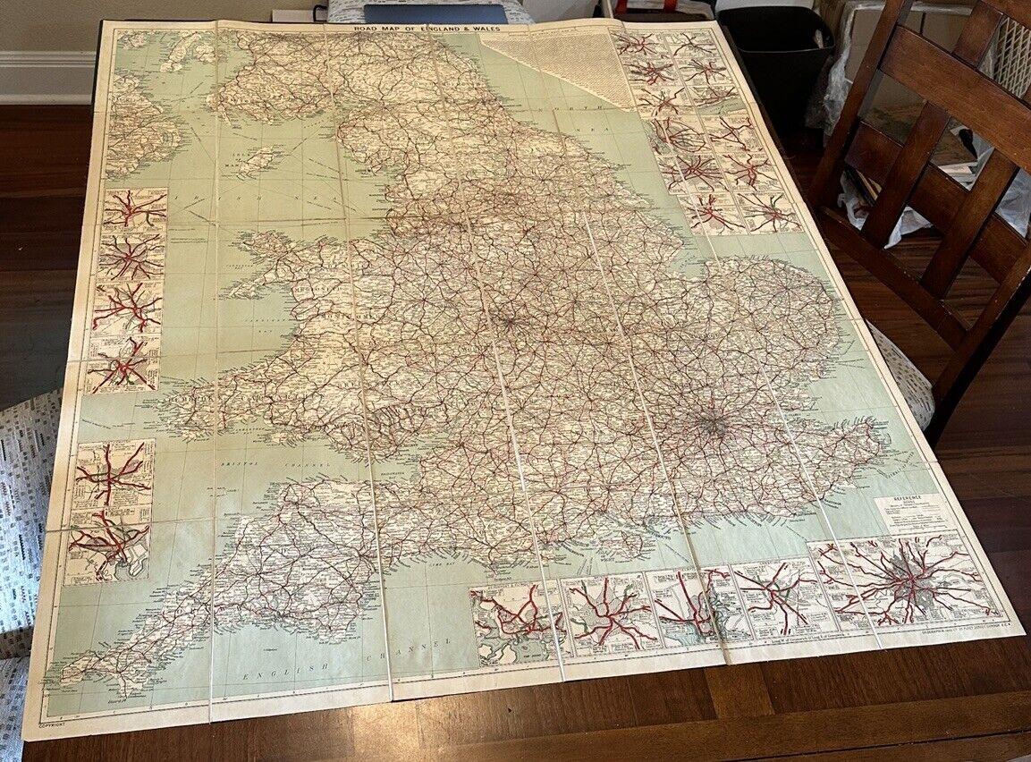 Geographia 1923 Road Map Of England & Wales Cloth Backed 49x40 Very Large Foldou