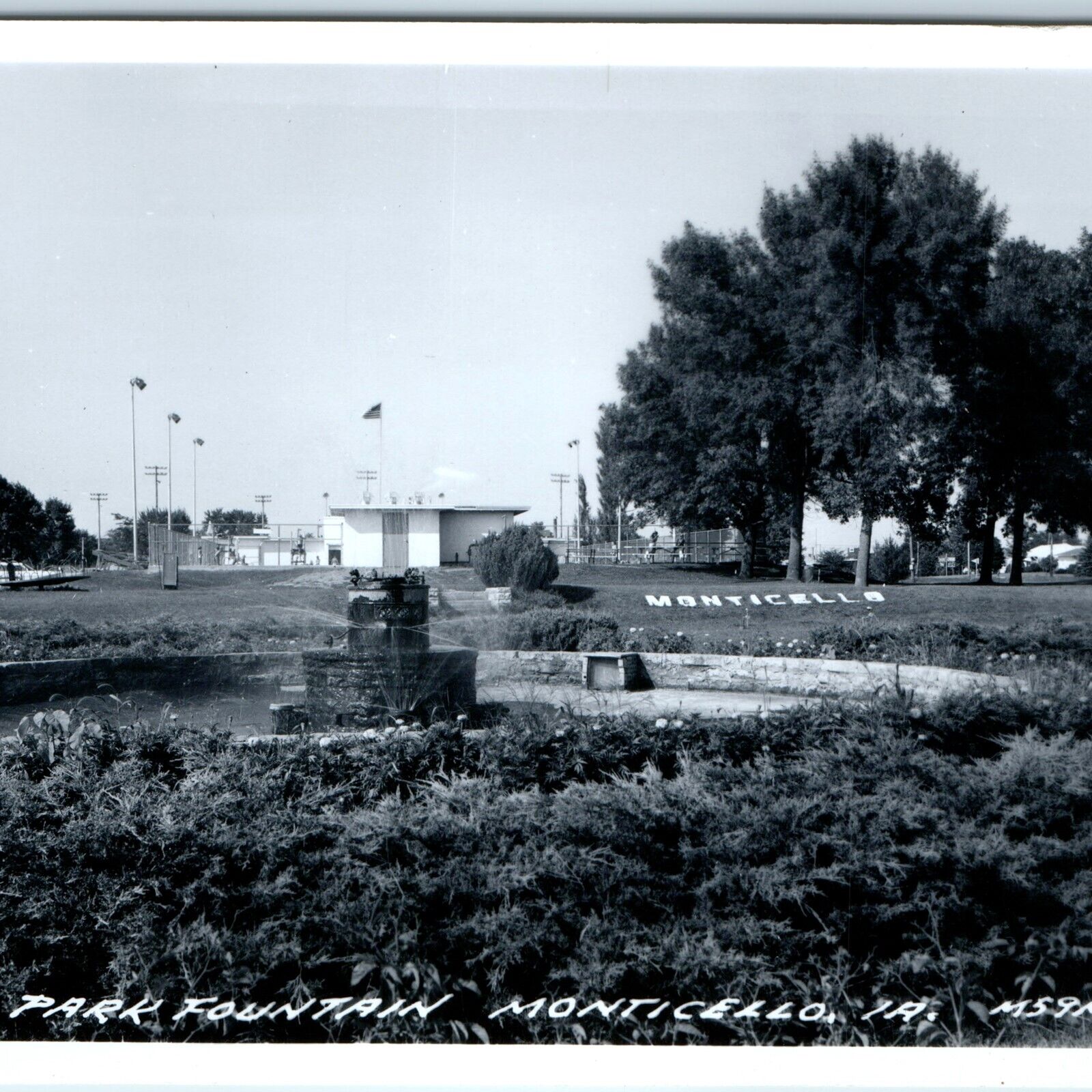 c1960s Monticello Iowa Park Fountain Swimming Pool Merry Go Round Town Sign A209