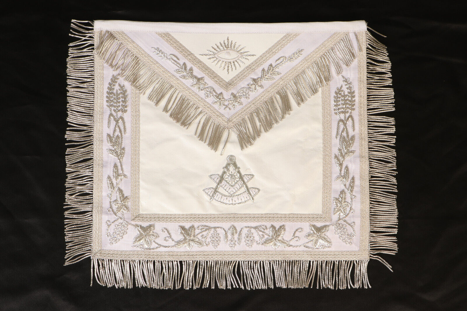 Handcrafted Lambskin White Masonic Past Master Apron Silver Bullion & Fringe