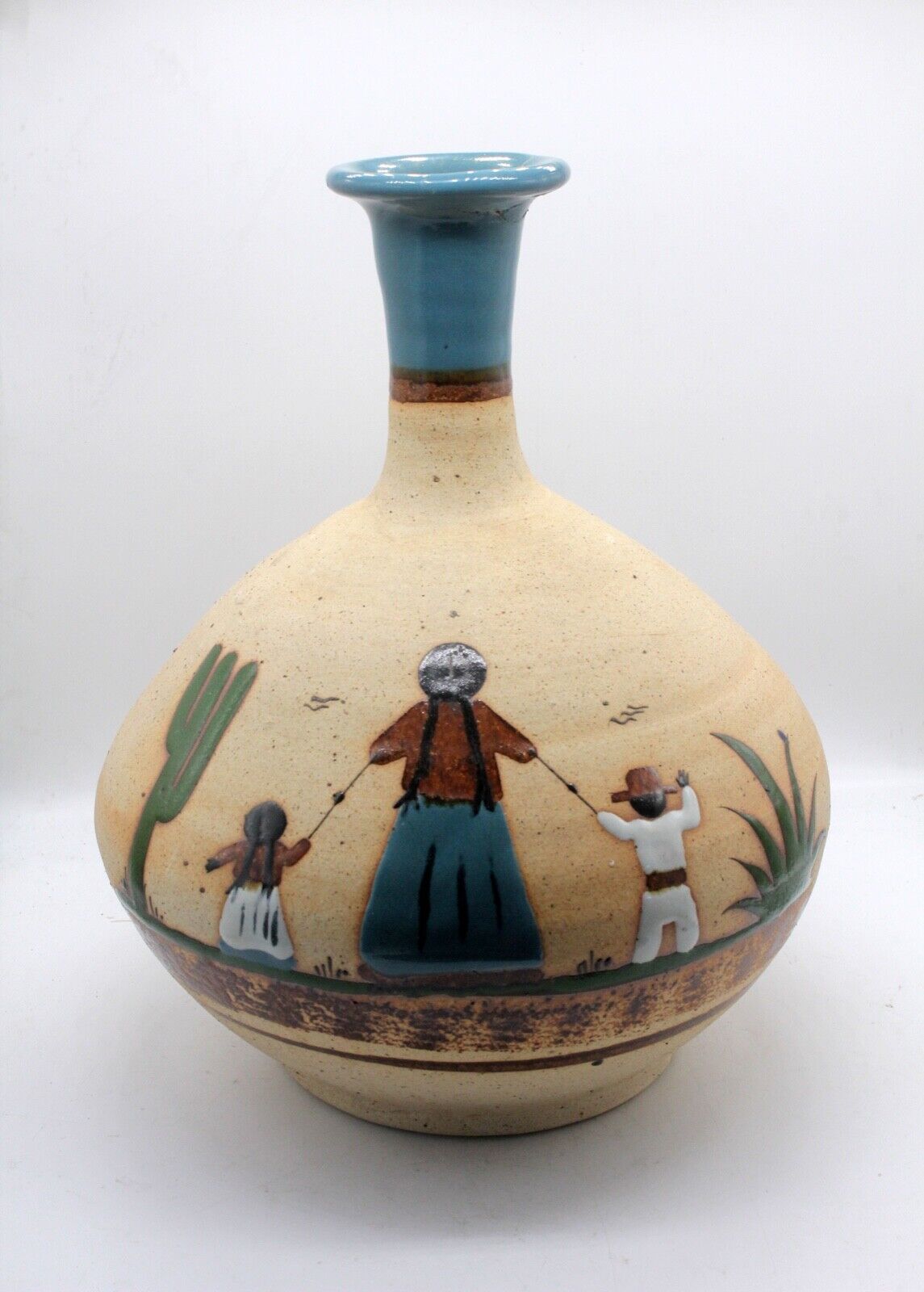 Vintage Mexican Clay Pottery Handcrafted Water Jug Vase Mother and Children