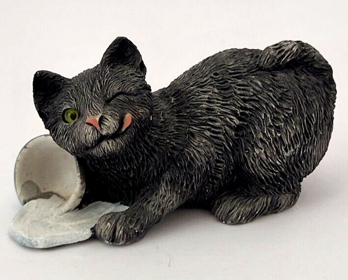 Sandicast Pesky Peepers Silver Cat With Milk Bowl  3” Kitty B08 Hand Painted