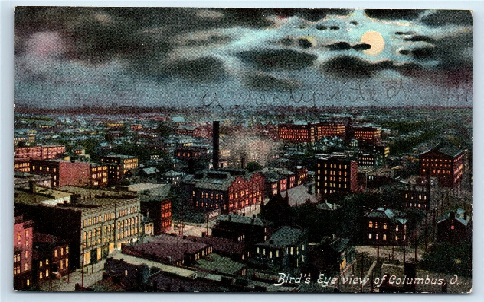 Postcard Bird\'s Eye View of Columbus, Ohio night moon H189