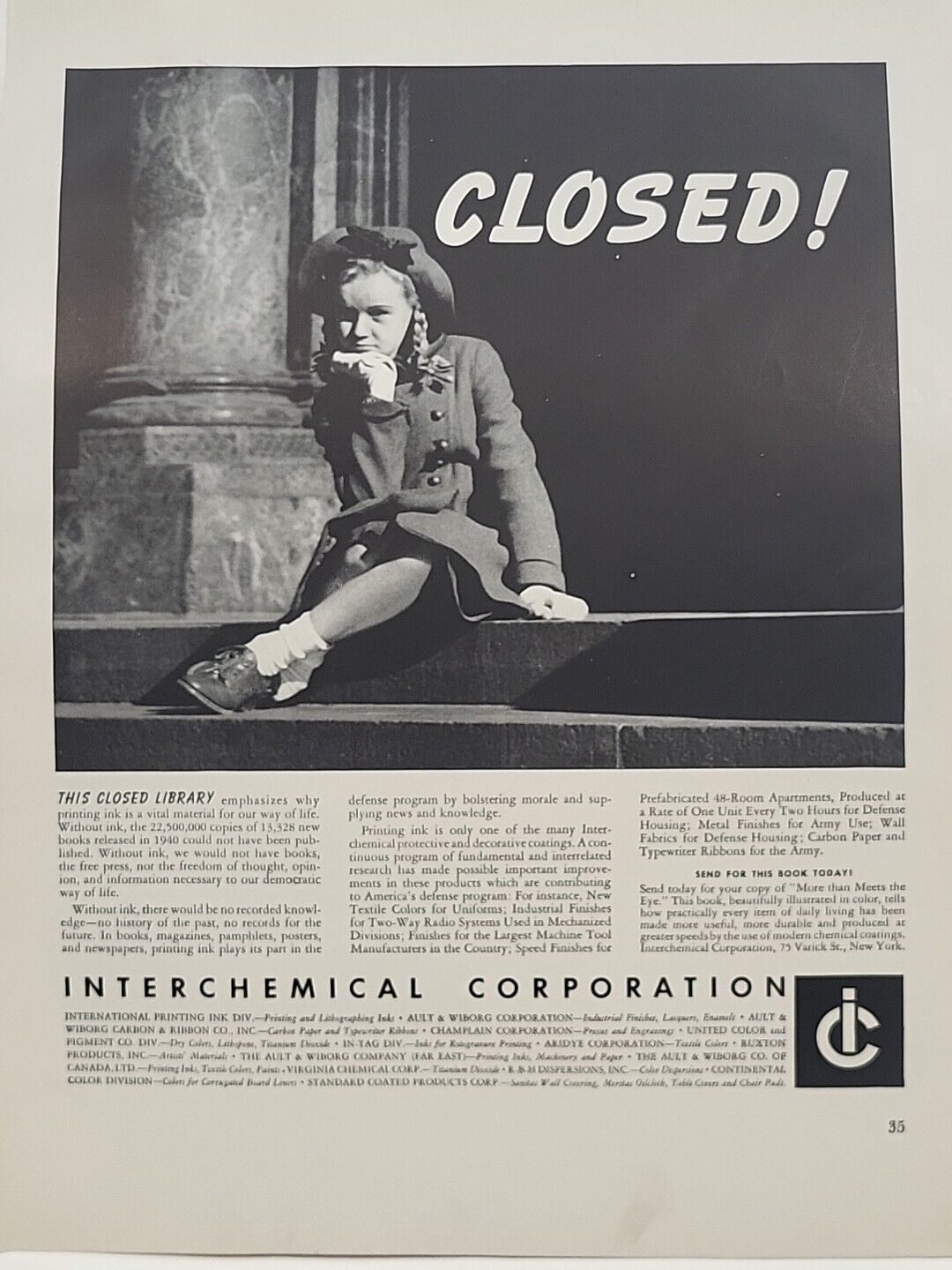 1942 Interchemical Corporation Fortune WW2 Print Ad Q1 Library Girl Closed