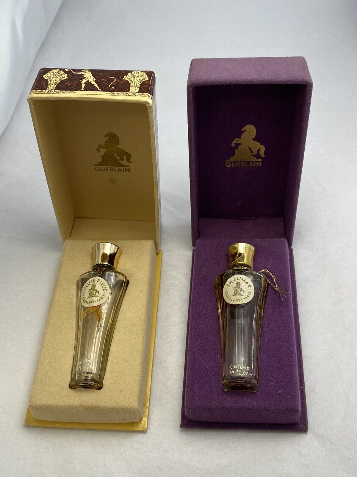 2 Vintage Guerlain Small Bottles & Boxes Purple, Brown