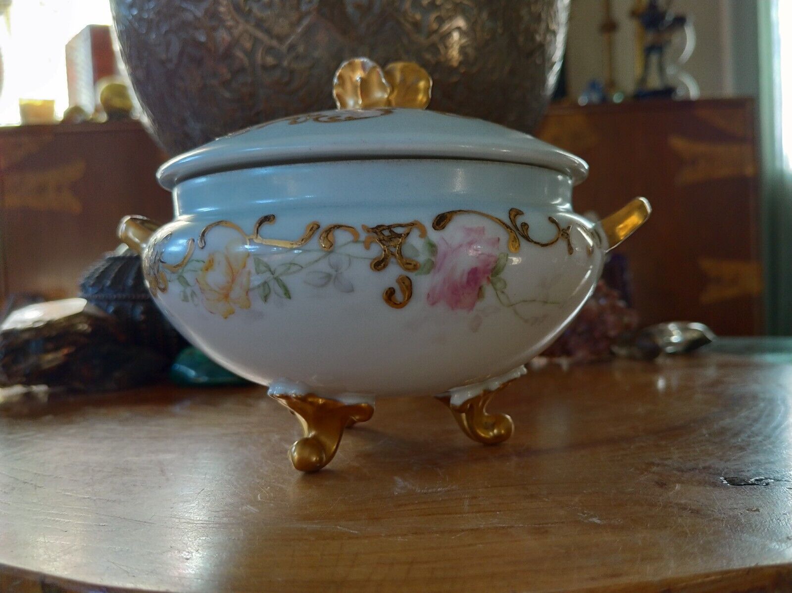 Antique 1890s vintage CFH GDM France porcelain vanity footed box