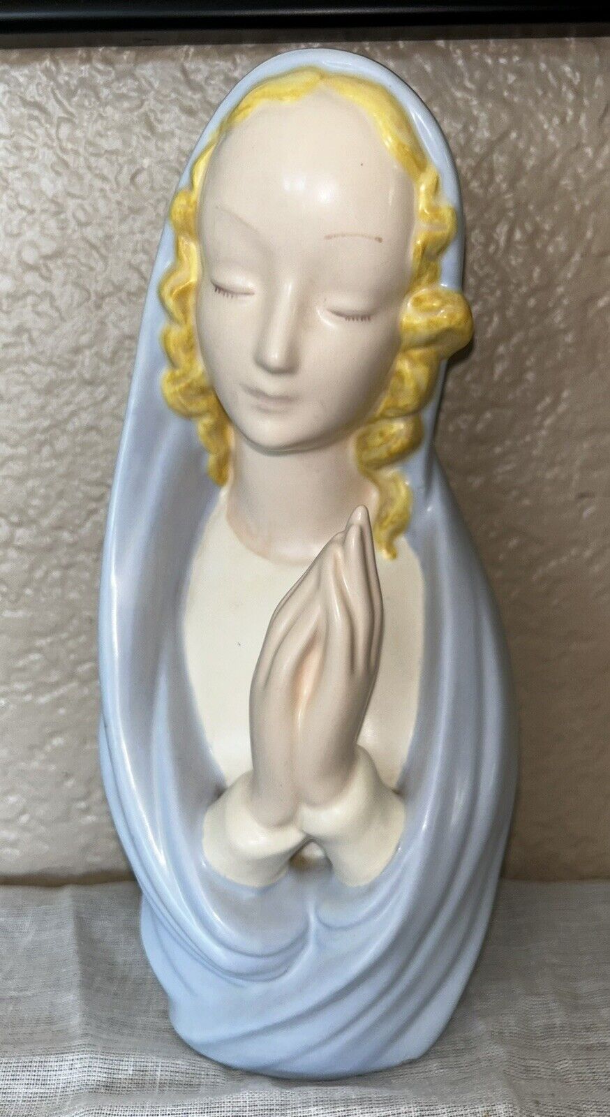 Vintage Praying Virgin Mother Mary Hand Painted Ceramic Holy Madonna Figure 9.5”