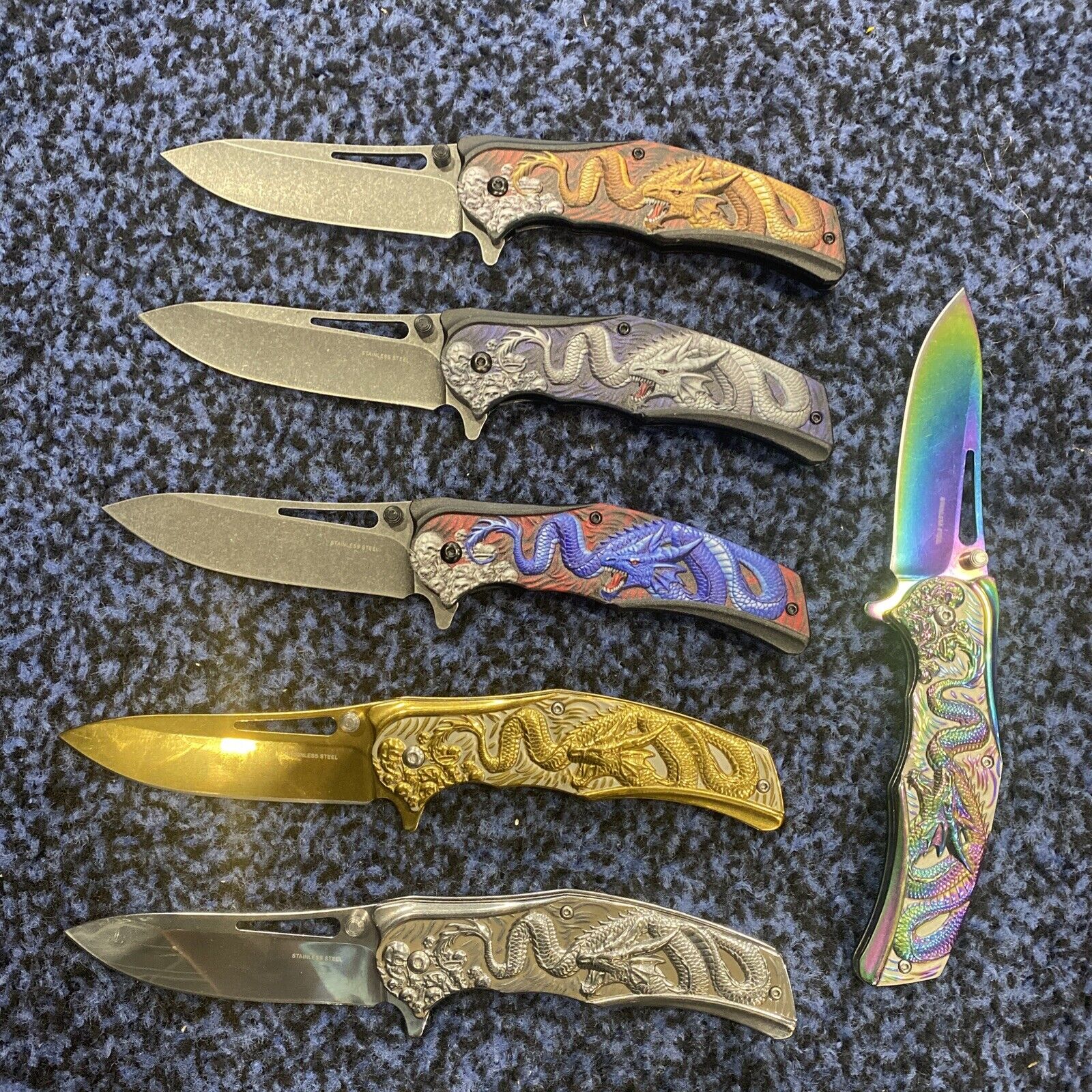 6pcs Mixed Dragon Design Spring Assisted Open Blade Pocket Knife New