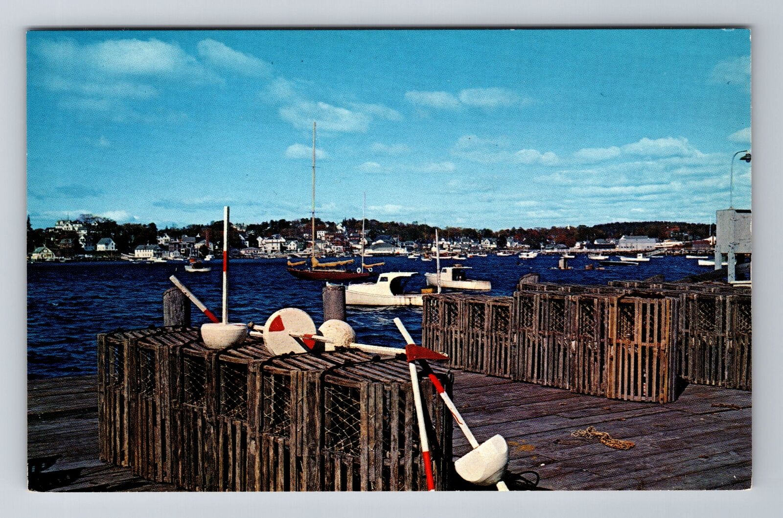 Boothbay Harbor ME-Maine, Scenic Harbor View, Lobster Pots, Vintage Postcard