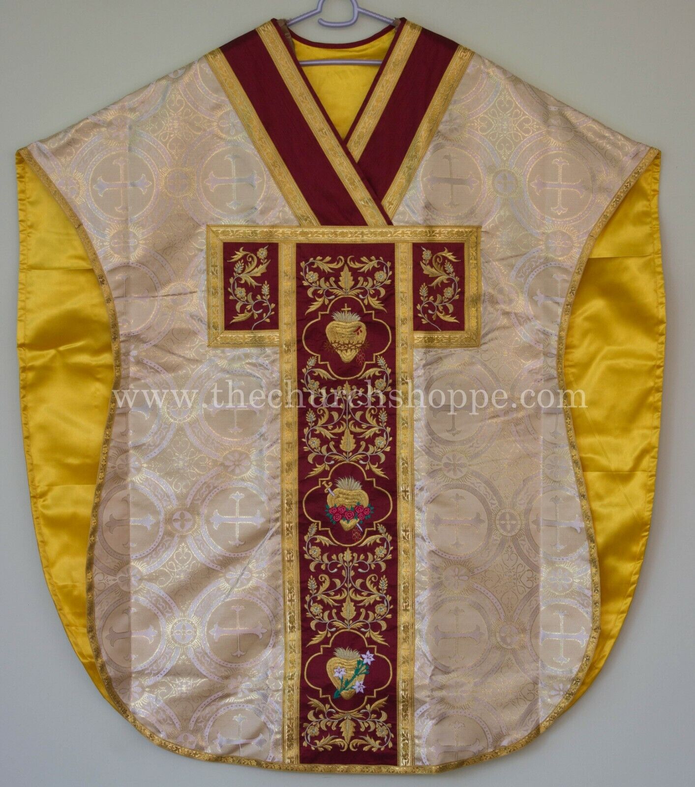 Gold St. Philip Neri vestment Stole & mass set with Three Holy Hearts Embroidery