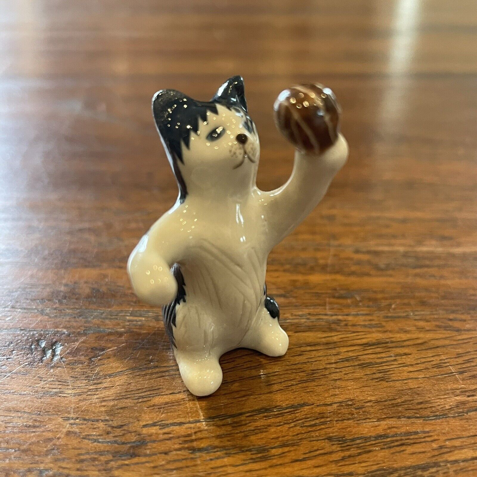 Vintage Tuxedo Cat Porcelain Figurine 1.5” Playing Basketball Miniature