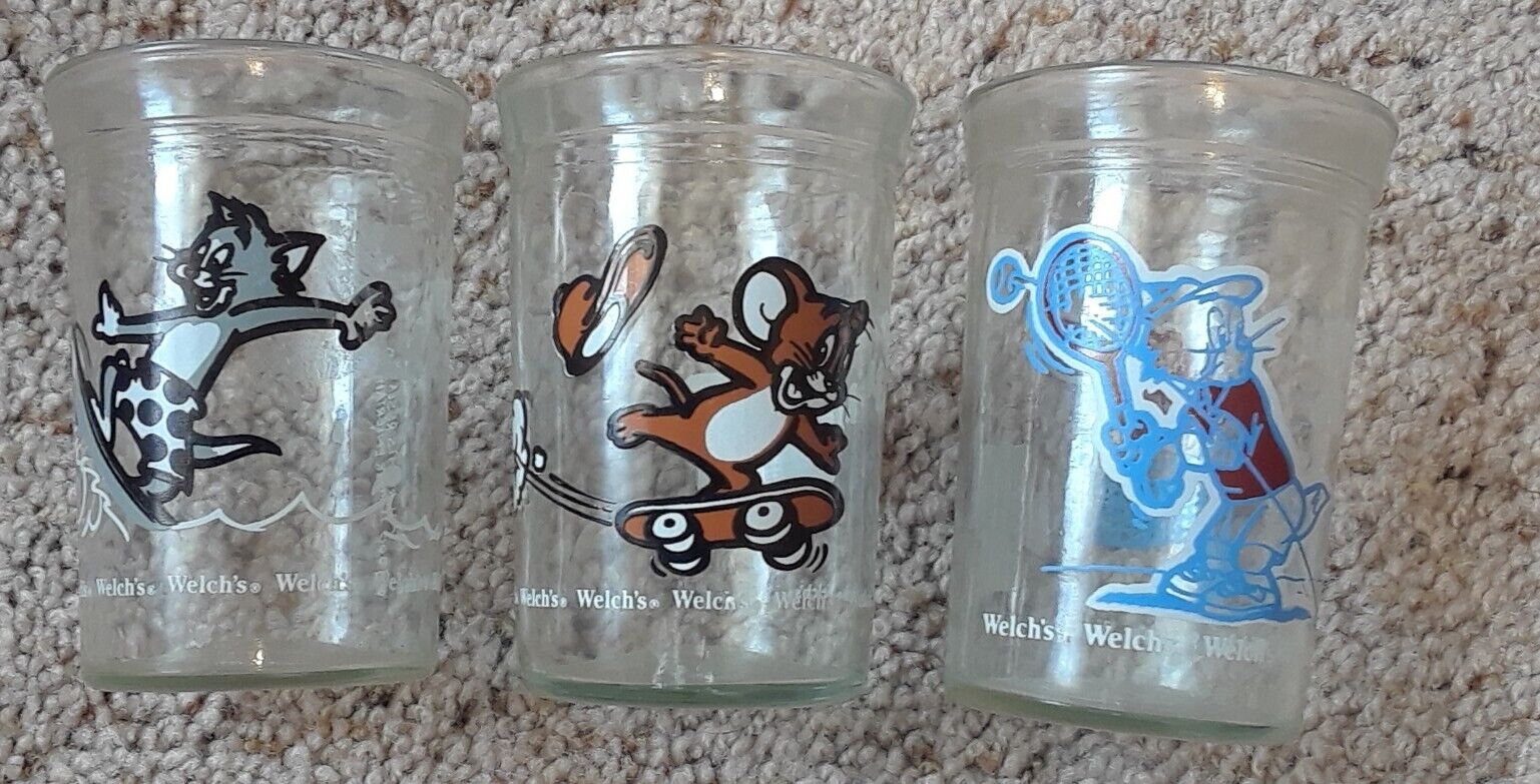 Vintage-1990- Welch's Glass Jelly Jars Tom And Jerry Lot Of 3