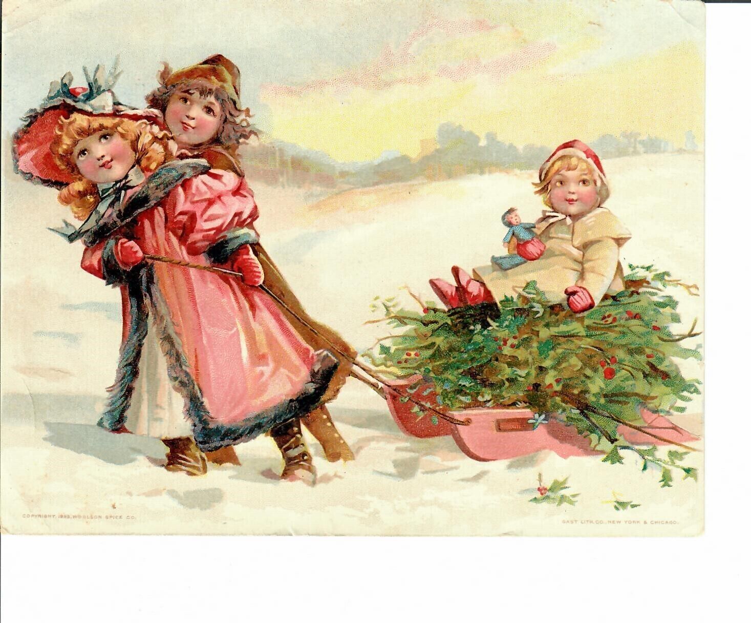 1893 Lion Coffee Victorian Trade Card Christmas Children Sled Tree Woolson #10