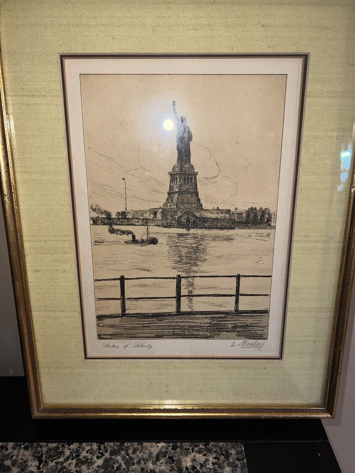 Statue of Liberty & Harbor Scene Signed L. Meslay Ink On Paper Matted Framed