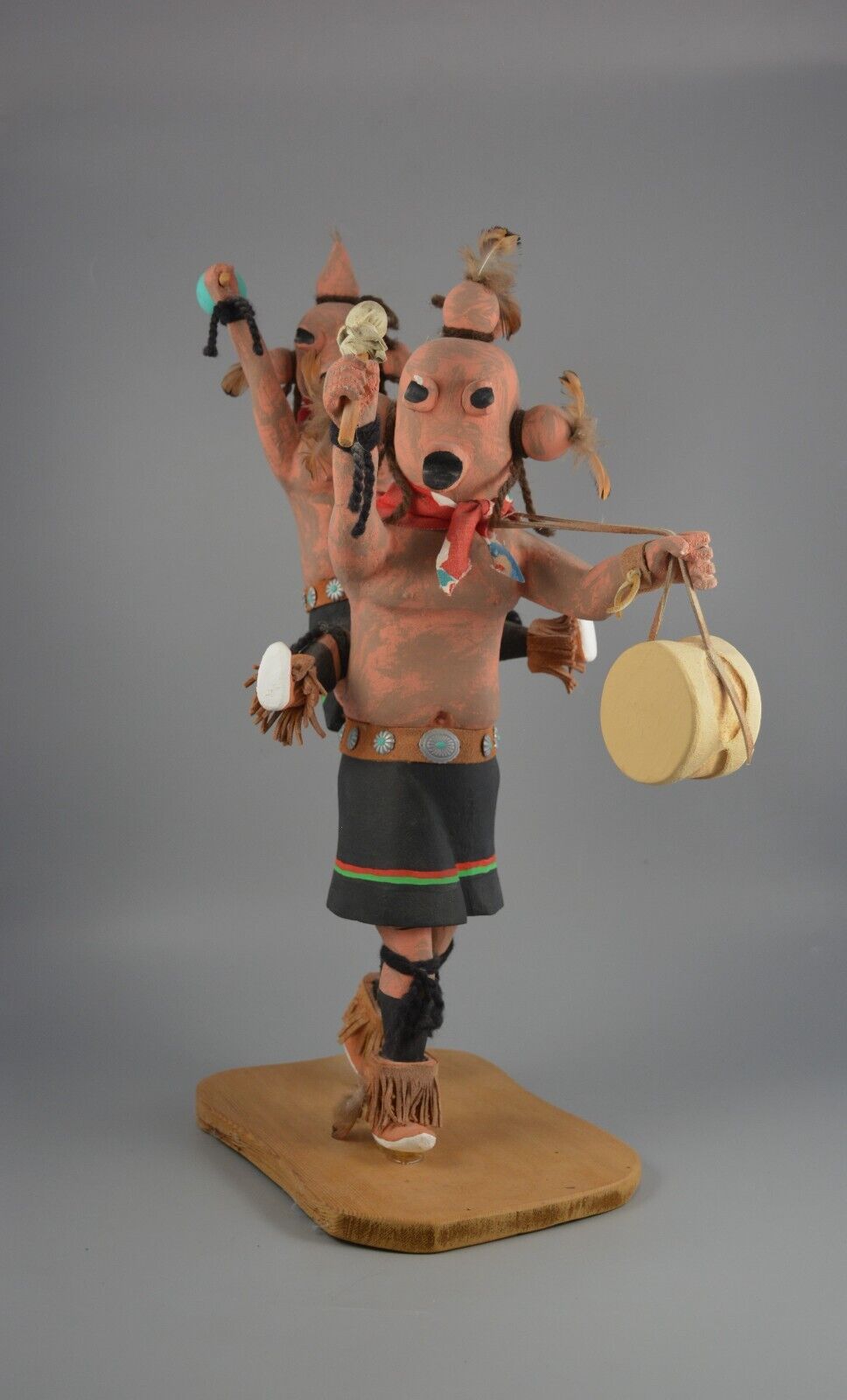 Vintage Hopi Indian Mudhead Double Kachina - Koyemsi - Drummer Piggy Back - 18\