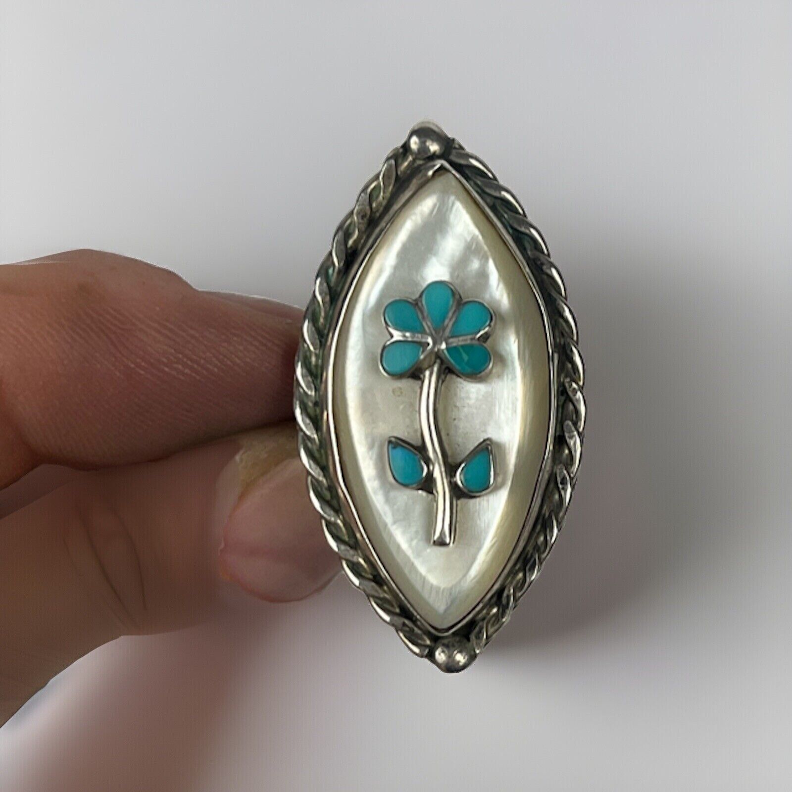 Vintage Navajo Sterling Silver Mother Of Pearl Turquoise Flower Ring 4.5
