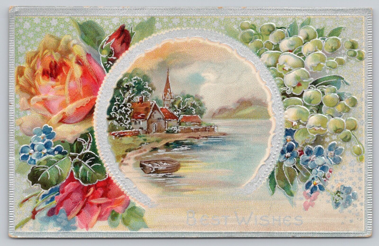 Postcard Best Wishes Inset Home on the Water and Flowers Posted 1910