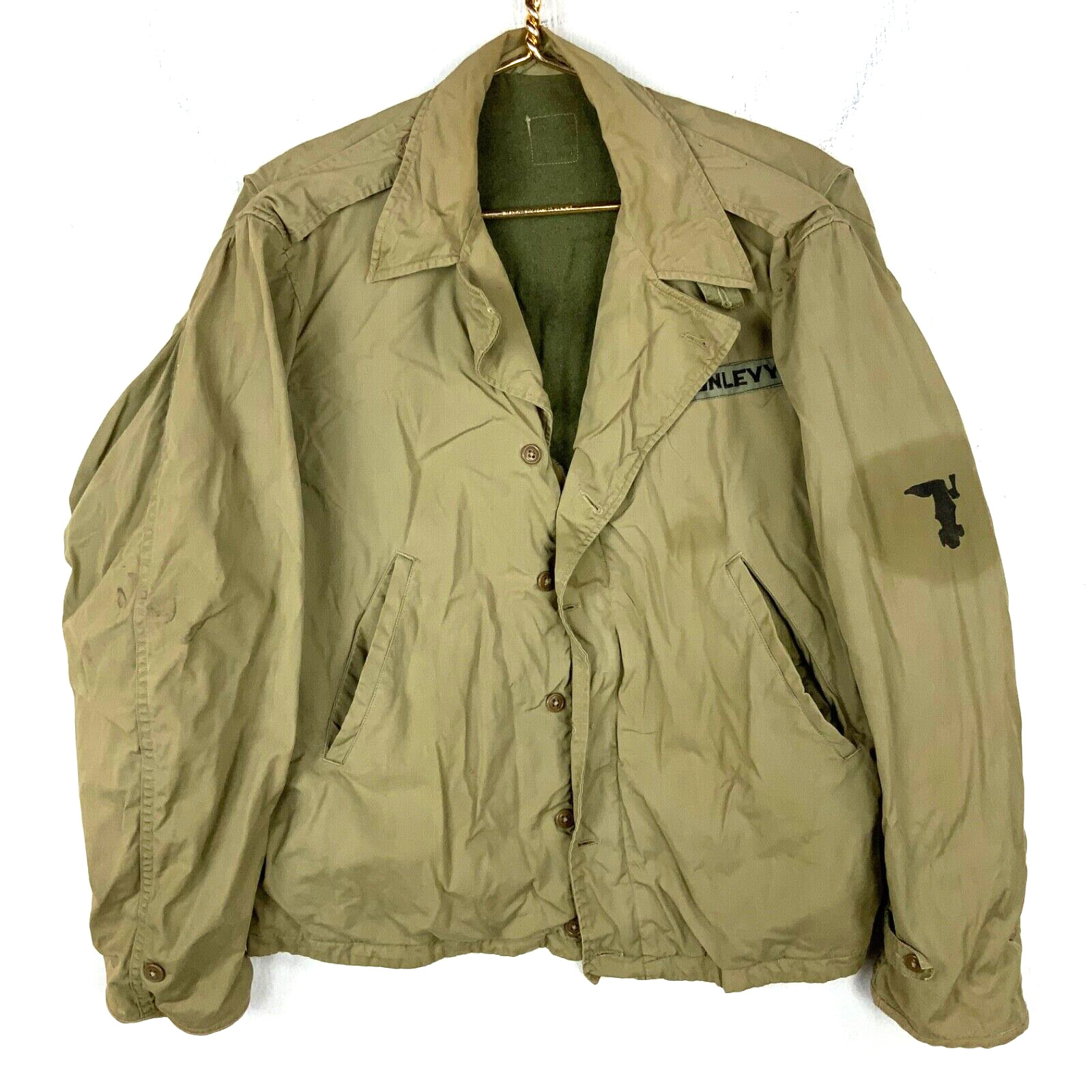 Vintage Military Jacket Lined Large Beige Button Up Full Zip Vietnam Era 70s