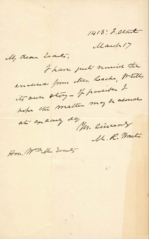 MORRISON R. WAITE - AUTOGRAPH LETTER SIGNED 03/17/1884