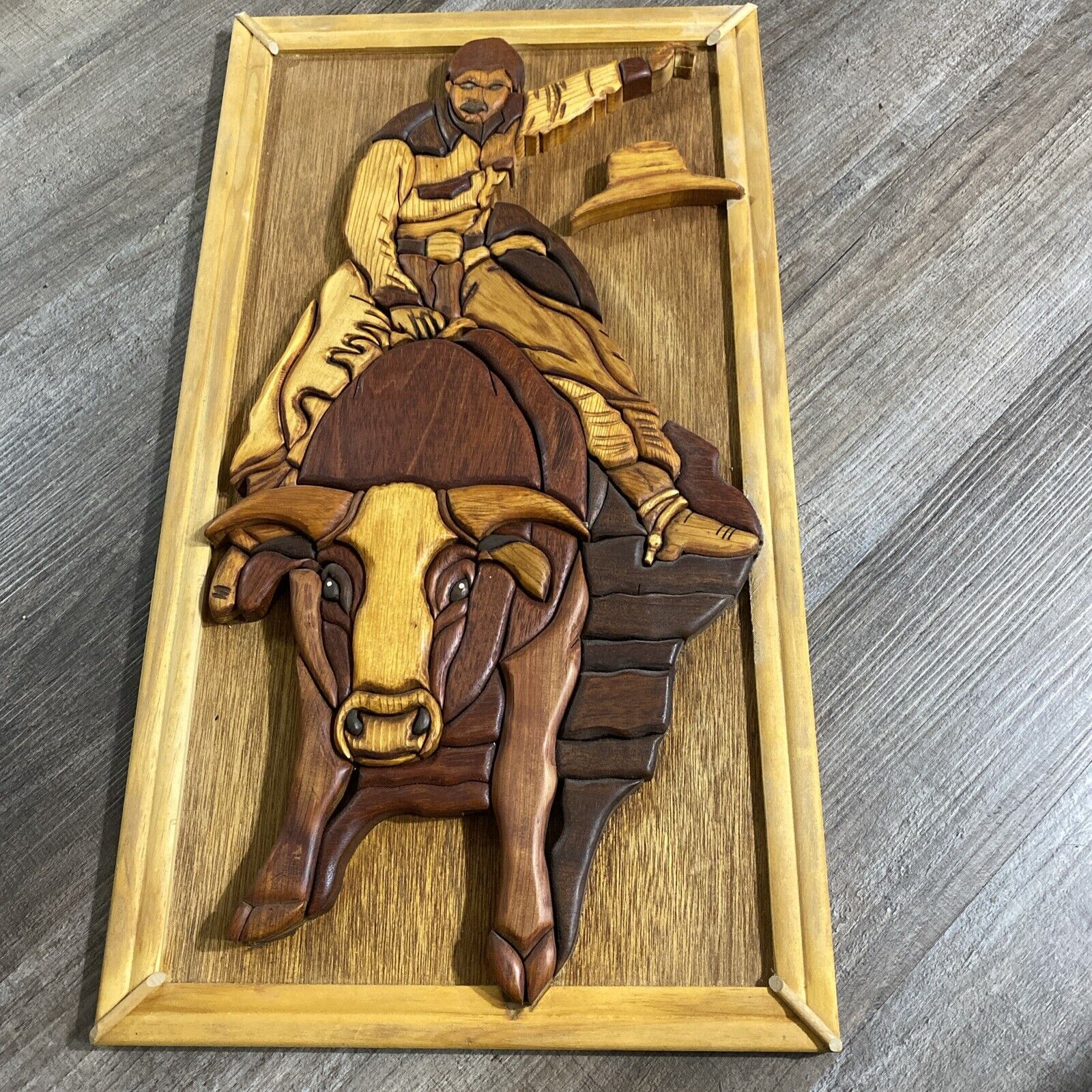 Rare Robert L Jennings Handcrafted Wood Art Bull Rider Western Woodwork Art