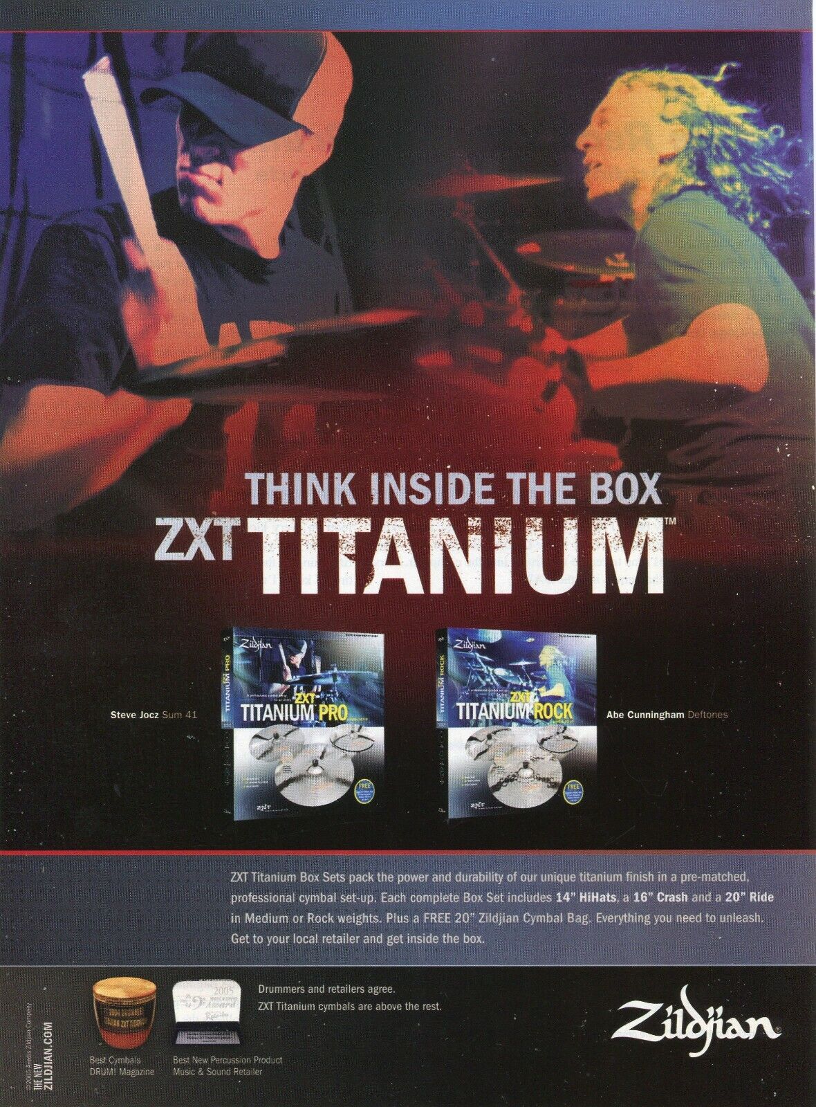 2005 Print Ad of Zildjian ZXT Titanium Drum Cymbals w Steve Jocz, Abe Cunningham
