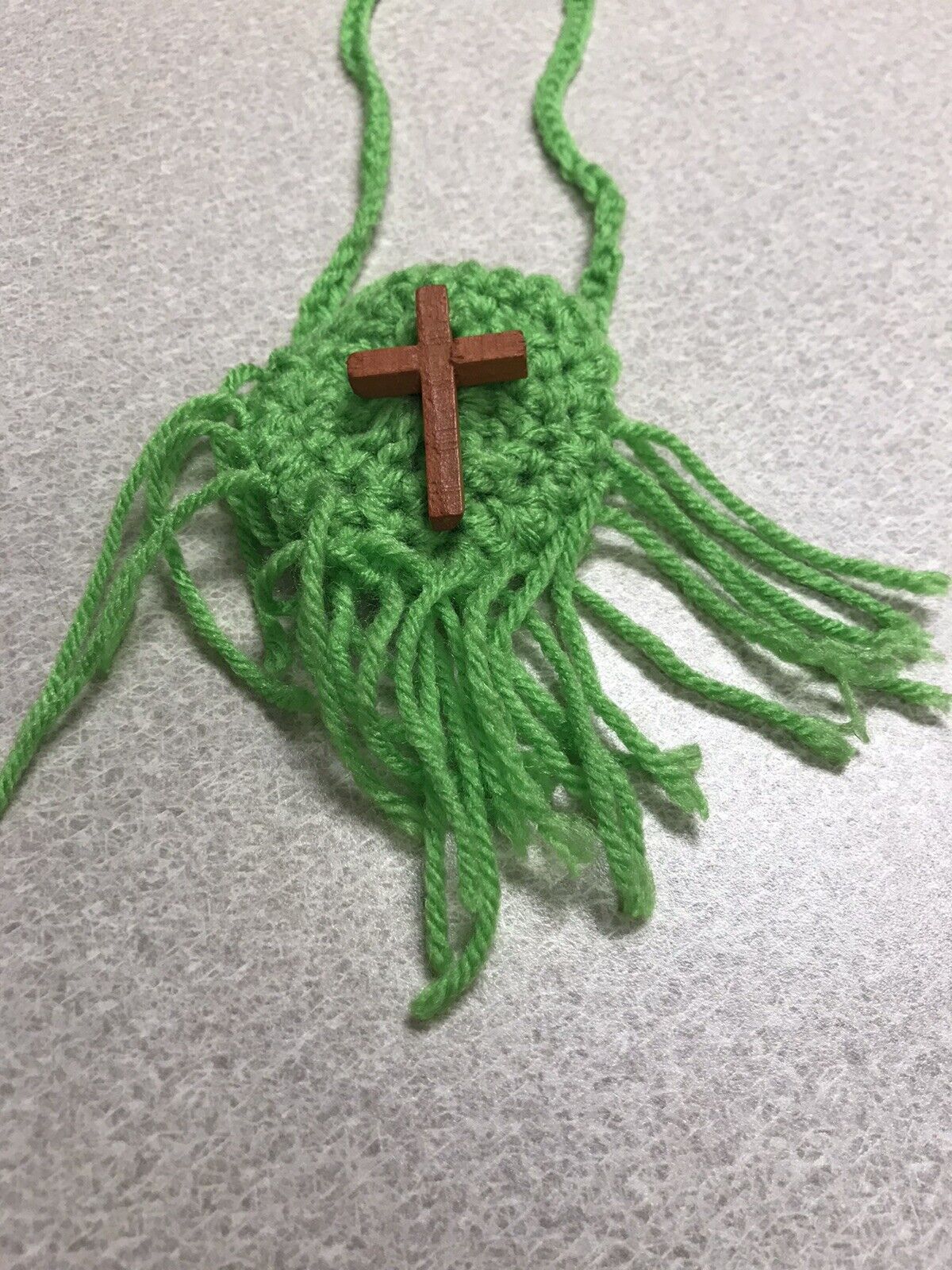 Green Crochet Cross Prayer Pouch Necklace Handmade Original Grannycore