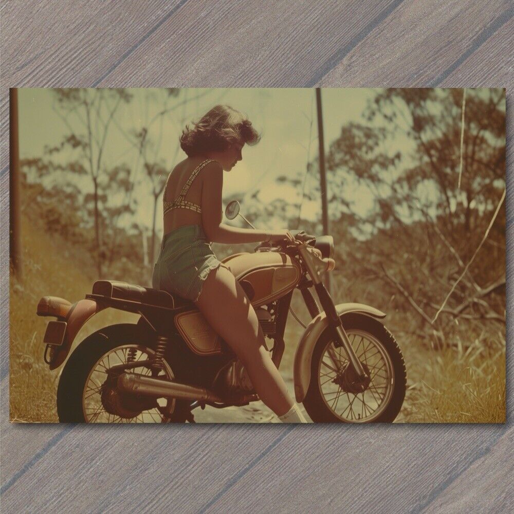 POSTCARD Young Girl On Motorcycle Cute Beautiful 70s Vibe Photo Funny 1970s