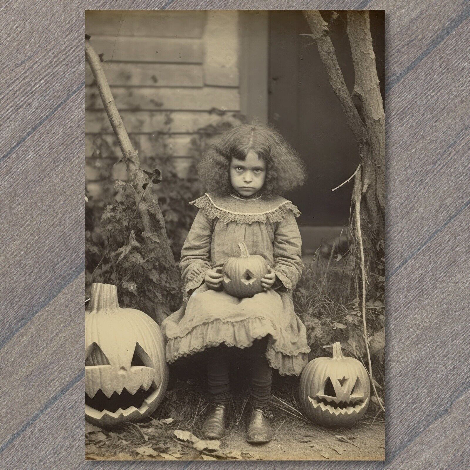 POSTCARD Weird Creepy Vintage Vibe Scary Girl Halloween Pumpkins Unusual