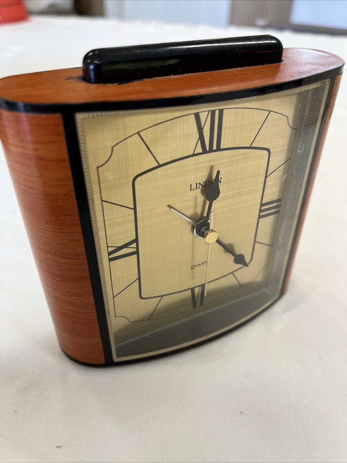 Vintage Linden Alarm Clock Art Deco Gold Face Roman Numeral Quartz Desk, Travel