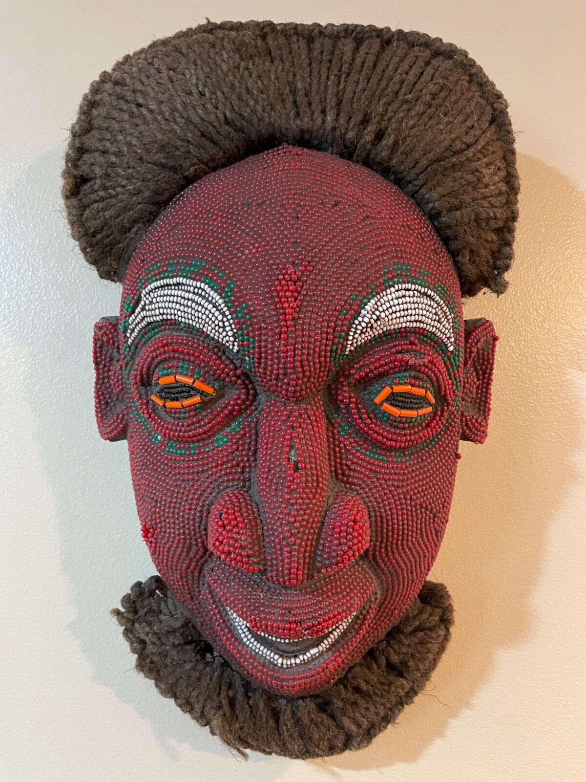 Vintage African Hand Carved and Beaded Bamileke 16” Mask From Cameroon