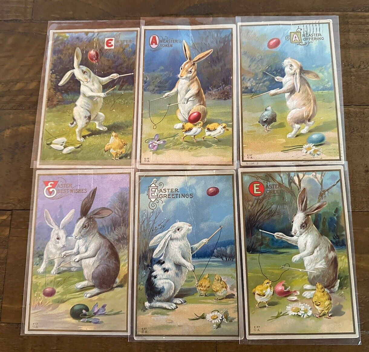 Lot of 6~Rabbits Playing Diablo~Easter Egg Toss Games~Antique Postcards Set-