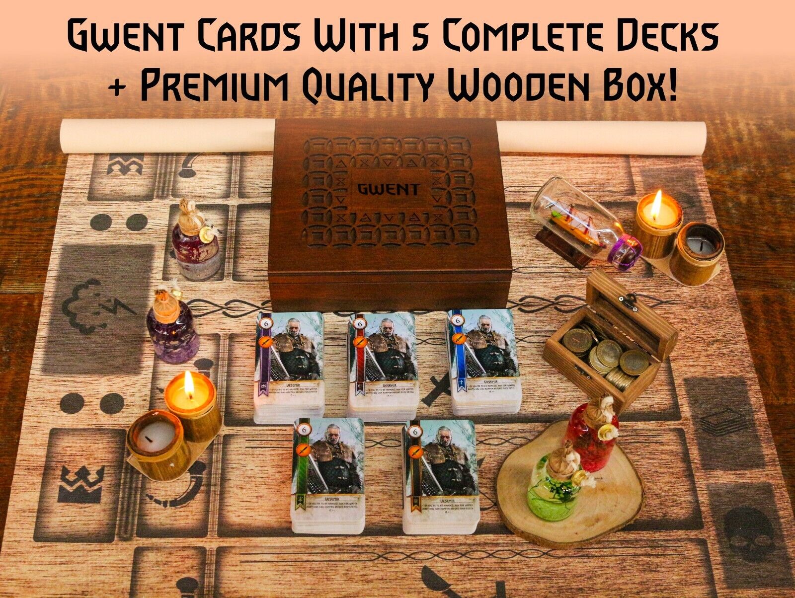 Gwent Card Game, 494 Cards, 5 Decks, All DLC’s,PREMIUM Wooden Box & Playmat