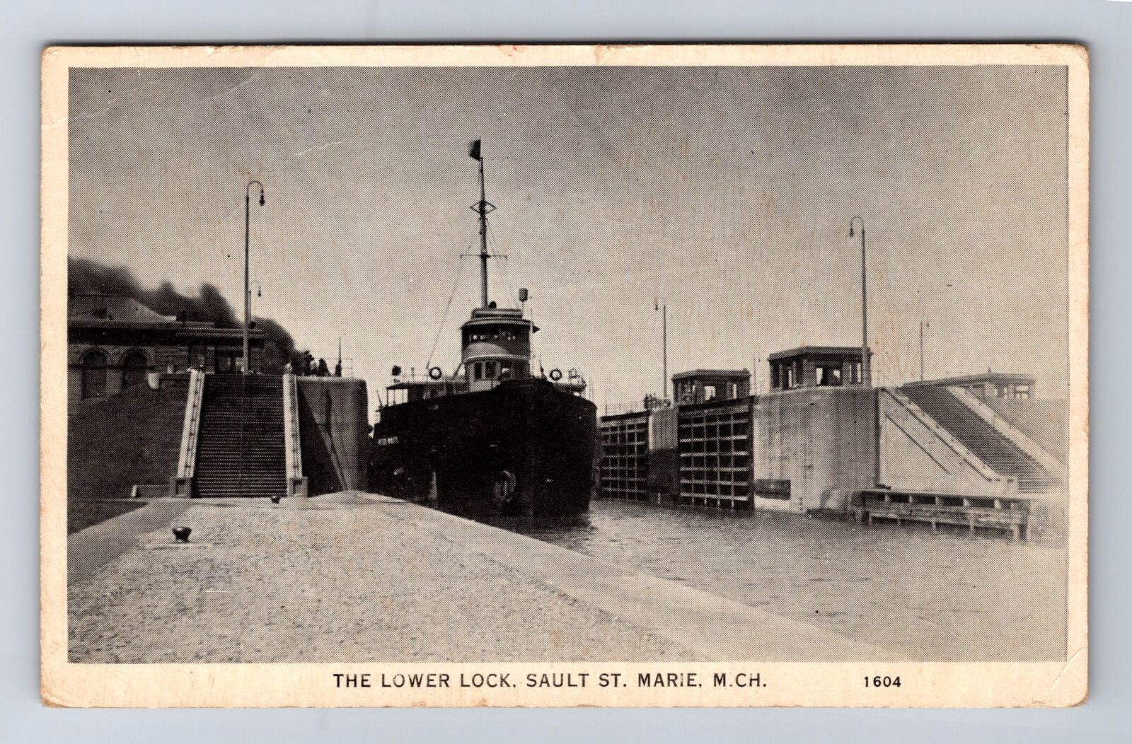 Sault Ste Marie MI-Michigan, Freighter in Lower Lock, Antique Vintage Postcard