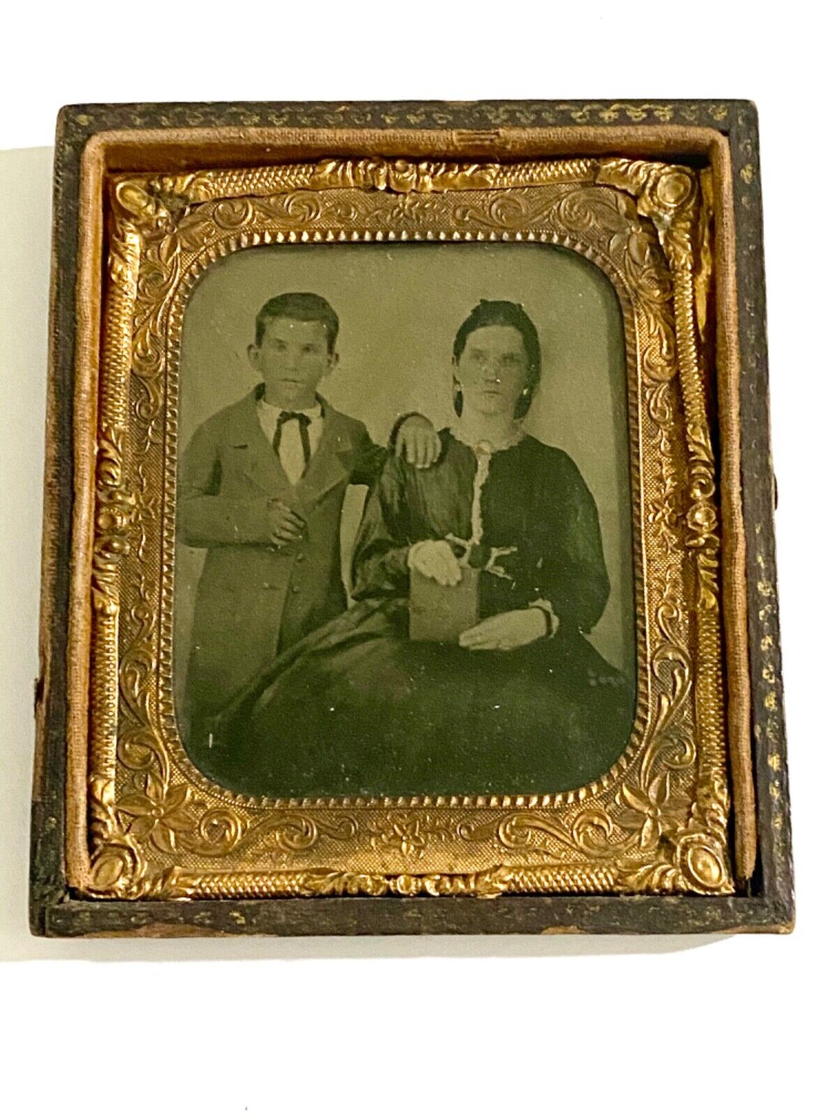 Postmortem Deceased Dead Photo Small Antique Frame Open Eyes Woman & Boy