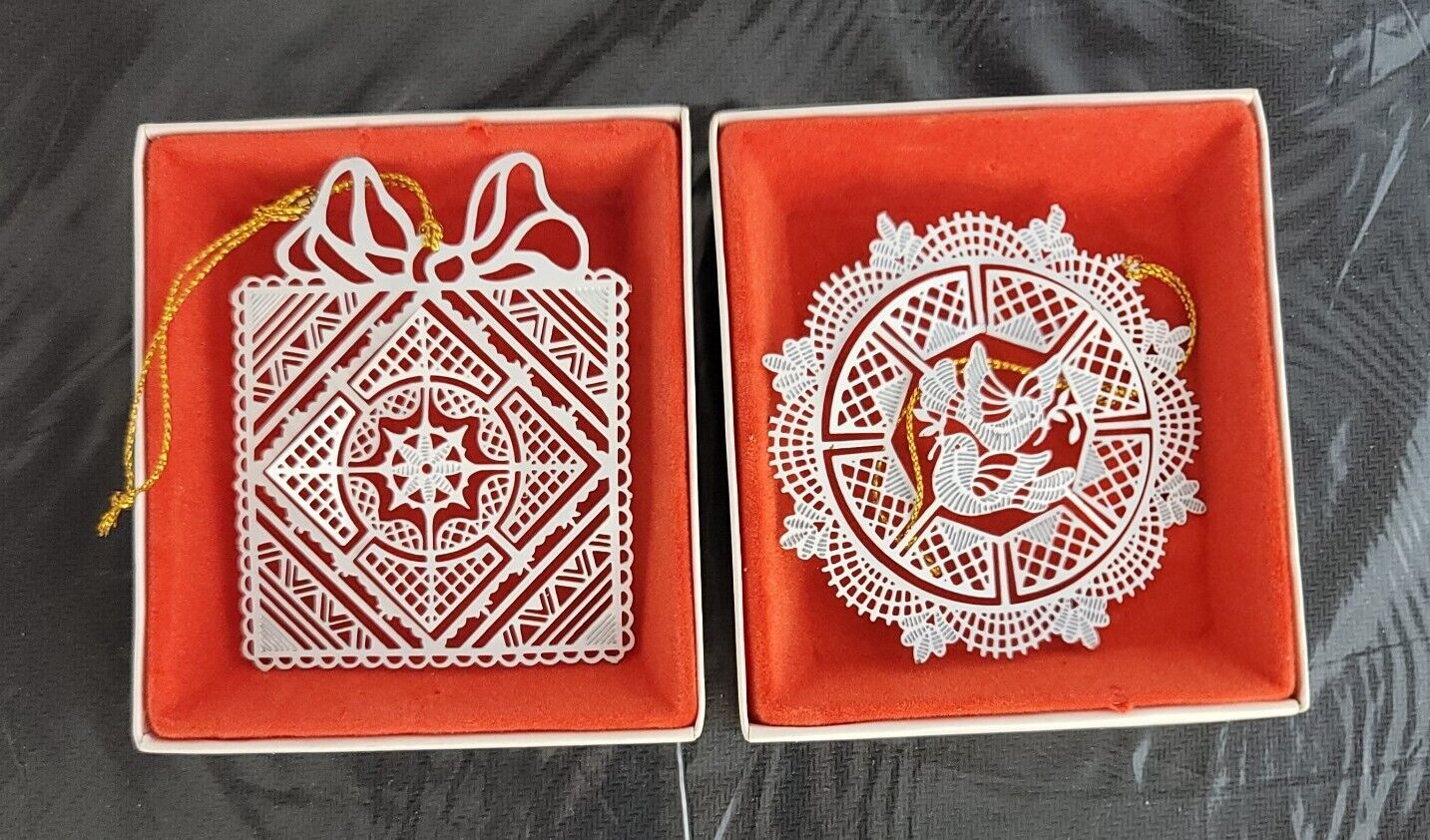 2 - Vintage Metal Christmas Tree Ornaments Present & Doves White Made Hong Kong