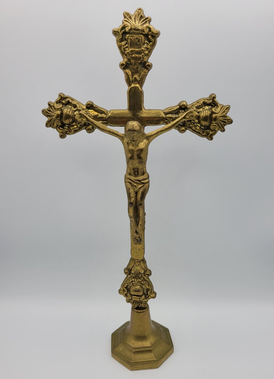 Vintage Brass Altar Cross Crucifix Church Jesus Ornate Large Beautiful 14.5\