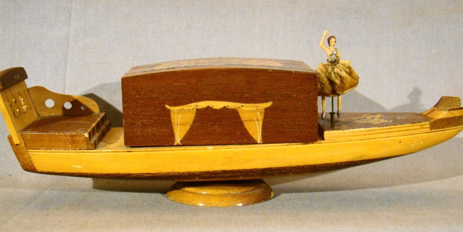 Vintage Mahogany Boat Form Music Box Cigarette Dispenser w/ Automoton Dancer 
