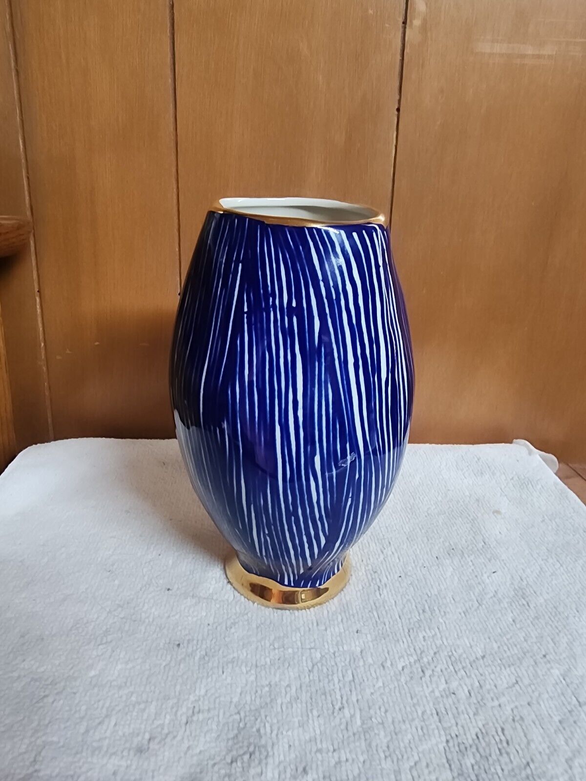 Anthropologie Ryan Hoffmann Blue Stripe Vase With Gold Trim- Signed