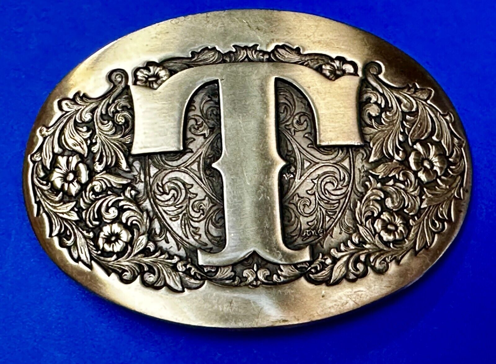 Custom Initial Letter T Flower Swirl Large Ornate Solid Brass Belt Buckle by ADM