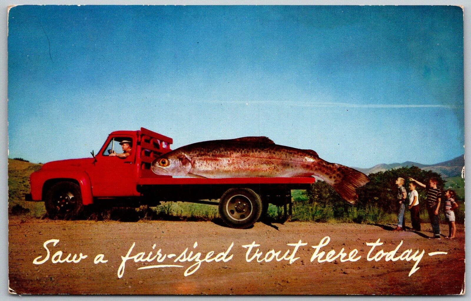 Salmon Idaho 1958 Comic Postcard Giant Exaggerated Fish On Truck