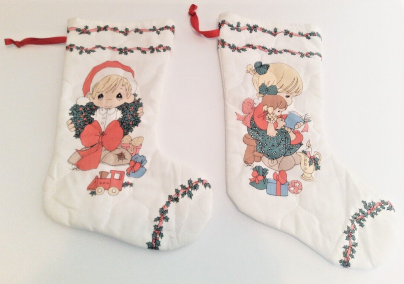 2 Vintage Precious Moments Quilted Christmas Stockings Boy & Girl