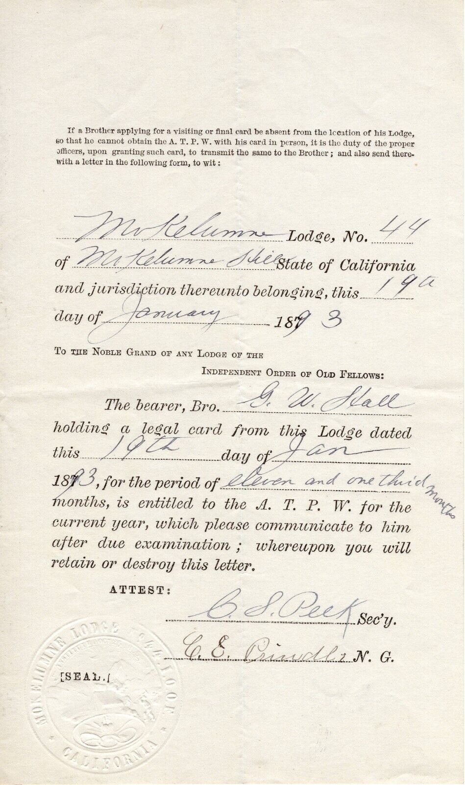RARE 1893 IOOF Odd Fellows Mokelumne Lodge No. 44 California Document