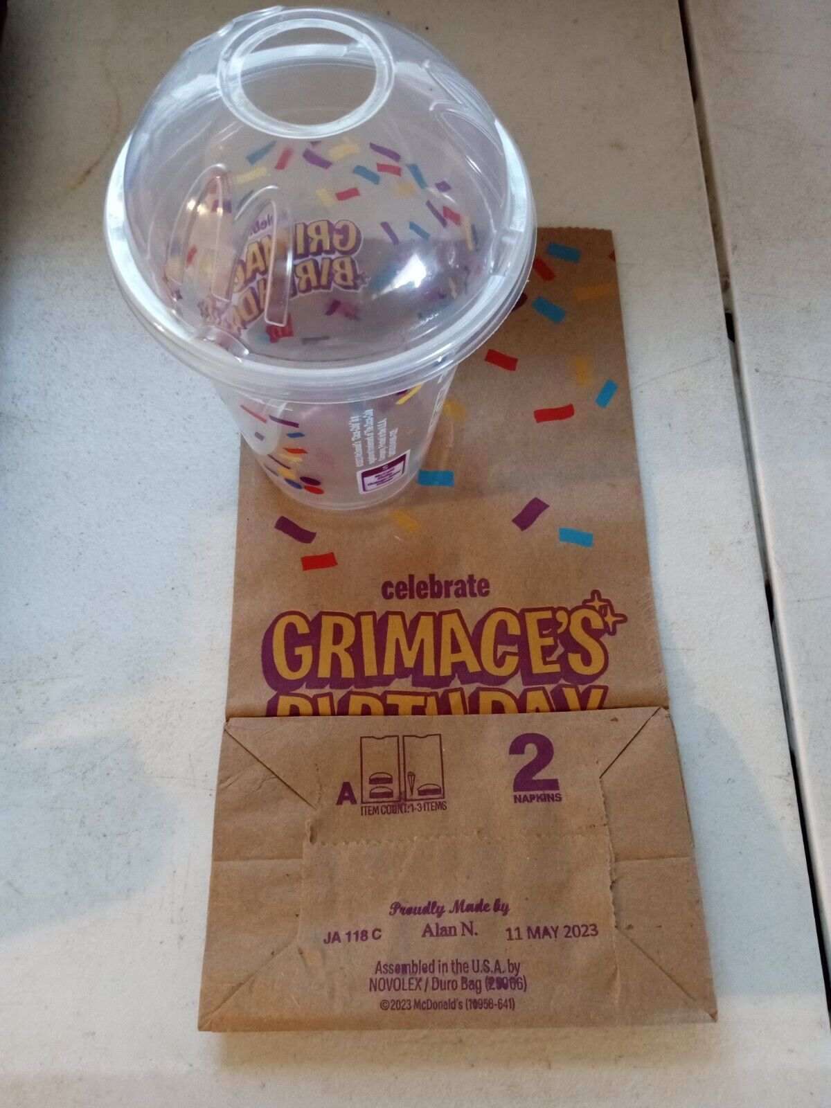 Discontinued 2023 Grimace Birthday Shake Cup With Lid + To Go Bag/Sack. New
