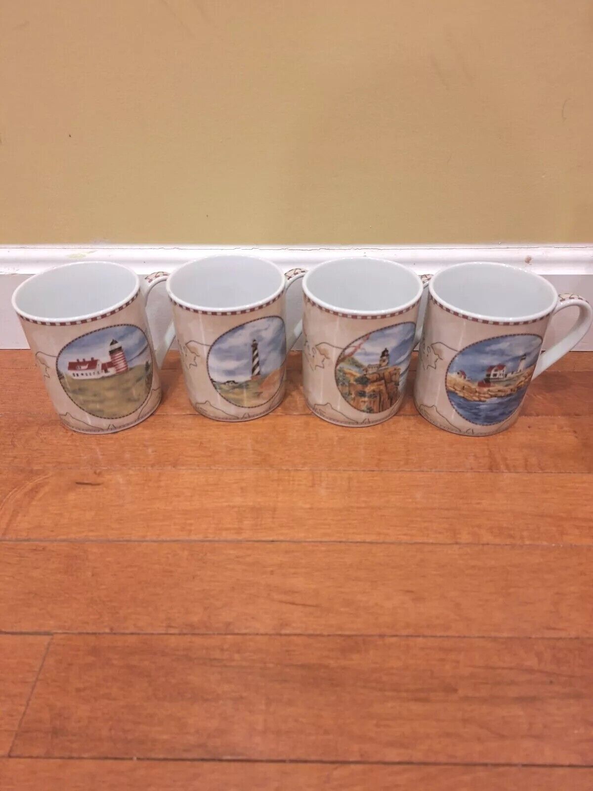 Set Of 4 American Atelier Porcelain Mugs Signals 5100 Lighthouse Cape Neddic 