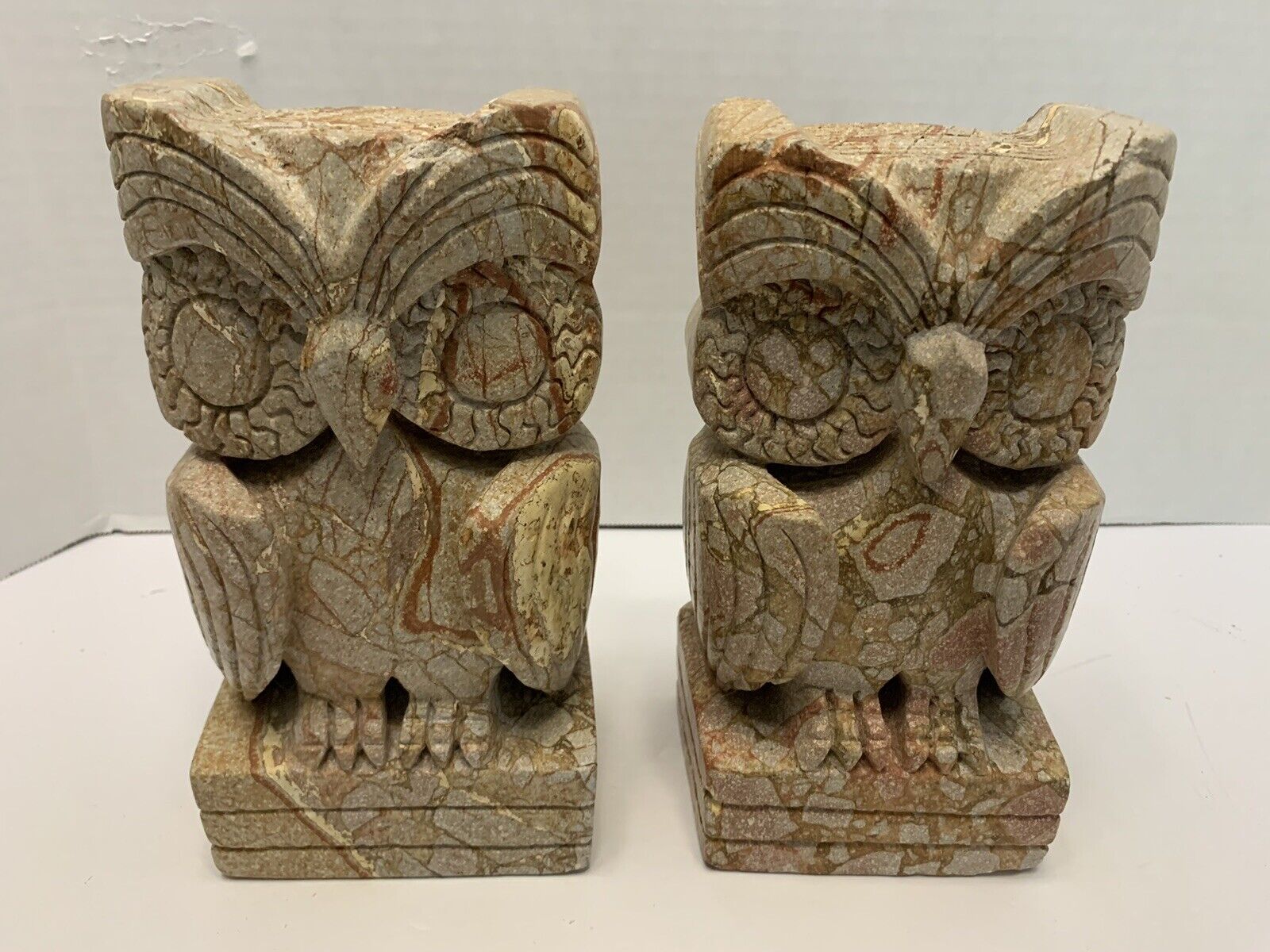 RARE Vintage ONE OF A KIND ART DECO STONE CARVED OWL BOOKENDS 10+ Lbs.. READ