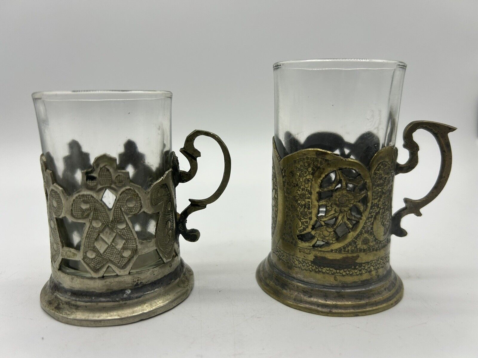 Two Vintage Cup-holders cupronickel Silver plate and 2 glasses Russian No Marks